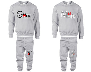 Soul Mate top and bottom sets. Grey sweatshirt and sweatpants set for men, sweater and jogger pants for women.