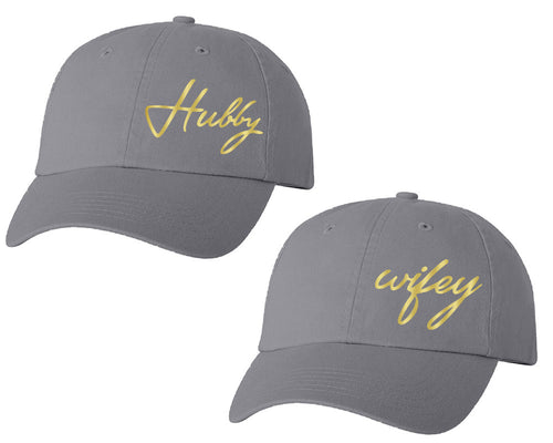 Hubby and Wifey matching caps for couples, Grey baseball caps.Gold Foil color Vinyl Design