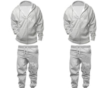 Load image into Gallery viewer, Her King and His Queen zipper hoodies, Matching couple hoodies, Sports Grey zip up hoodie for man, Sports Grey zip up hoodie womens, Sports Grey jogger pants for man and woman.
