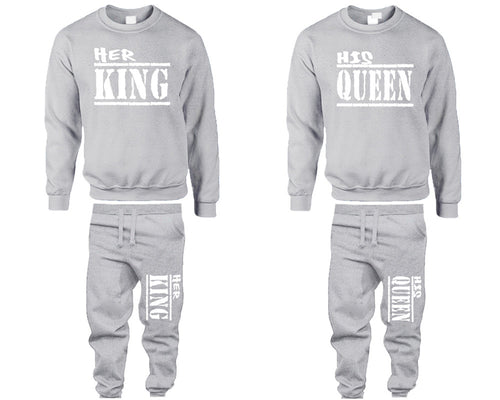 Her King and His Queen top and bottom sets. Sports Grey sweatshirt and sweatpants set for men, sweater and jogger pants for women.