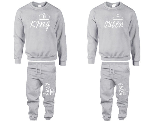 King and Queen top and bottom sets. Sports Grey sweatshirt and sweatpants set for men, sweater and jogger pants for women.