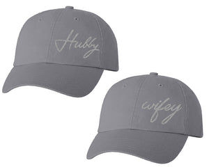Hubby and Wifey matching caps for couples, Grey baseball caps.Silver Glitter color Vinyl Design