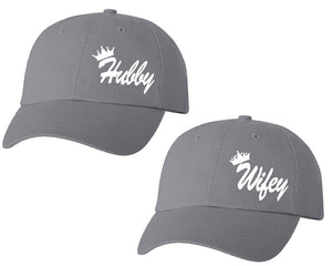 Hubby and Wifey matching caps for couples, Grey baseball caps.