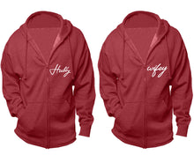 將圖片載入圖庫檢視器 Hubby and Wifey zipper hoodies, Matching couple hoodies, Heather Burgundy zip up hoodie for man, Heather Burgundy zip up hoodie womens
