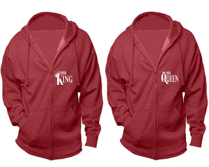 Her King and His Queen zipper hoodies, Matching couple hoodies, Heather Burgundy zip up hoodie for man, Heather Burgundy zip up hoodie womens