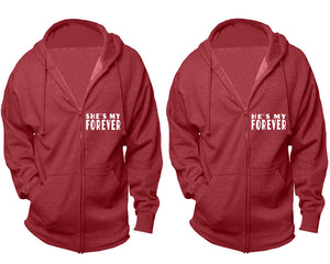 She's My Forever and He's My Forever zipper hoodies, Matching couple hoodies, Heather Burgundy zip up hoodie for man, Heather Burgundy zip up hoodie womens