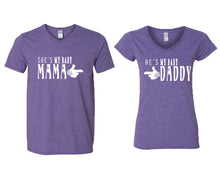 Load image into Gallery viewer, She&#39;s My Baby Mama and He&#39;s My Baby Daddy matching couple v-neck shirts.Couple shirts, Heather Purple v neck t shirts for men, v neck t shirts women. Couple matching shirts.
