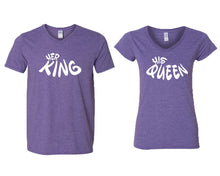 Load image into Gallery viewer, Her King and His Queen matching couple v-neck shirts.Couple shirts, Heather Purple v neck t shirts for men, v neck t shirts women. Couple matching shirts.
