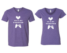 Load image into Gallery viewer, She&#39;s My Forever and He&#39;s My Forever matching couple v-neck shirts.Couple shirts, Heather Purple v neck t shirts for men, v neck t shirts women. Couple matching shirts.
