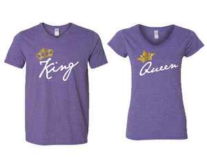 King and Queen matching couple v-neck shirts.Couple shirts, Heather Purple v neck t shirts for men, v neck t shirts women. Couple matching shirts.
