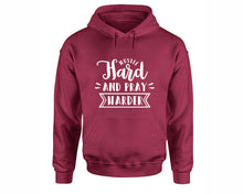 將圖片載入圖庫檢視器 Hustle Hard and Pray Harder inspirational quote hoodie. Maroon Hoodie, hoodies for men, unisex hoodies
