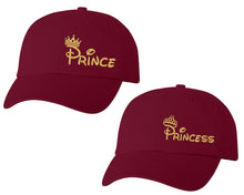 Görseli Galeri görüntüleyiciye yükleyin, Prince and Princess matching caps for couples, Maroon baseball caps.Gold Glitter color Vinyl Design

