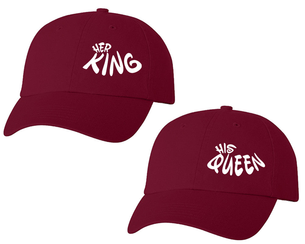 Her King and His Queen matching caps for couples, Maroon baseball caps.
