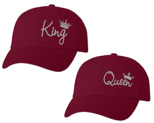 將圖片載入圖庫檢視器 King and Queen matching caps for couples, Maroon baseball caps.Silver Glitter color Vinyl Design
