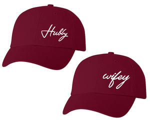 Hubby and Wifey matching caps for couples, Maroon baseball caps.White color Vinyl Design