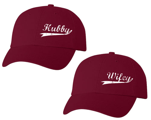 Hubby and Wifey matching caps for couples, Maroon baseball caps.White color Vinyl Design