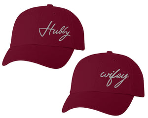 Hubby and Wifey matching caps for couples, Maroon baseball caps.Silver Glitter color Vinyl Design
