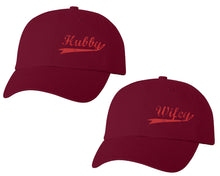 Load image into Gallery viewer, Hubby and Wifey matching caps for couples, Maroon baseball caps.Red Glitter color Vinyl Design
