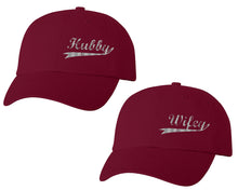 Load image into Gallery viewer, Hubby and Wifey matching caps for couples, Maroon baseball caps.Silver Foil color Vinyl Design
