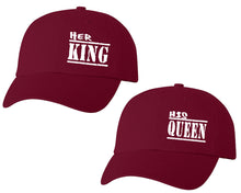 Load image into Gallery viewer, Her King and His Queen matching caps for couples, Maroon baseball caps.
