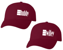 Load image into Gallery viewer, Hubby and Wifey matching caps for couples, Maroon baseball caps.
