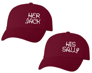 Her Jack and His Sally matching caps for couples, Maroon baseball caps.