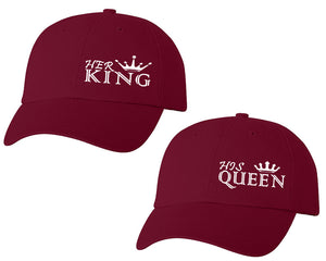 Her King and His Queen matching caps for couples, Maroon baseball caps.