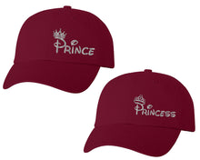 Load image into Gallery viewer, Prince and Princess matching caps for couples, Maroon baseball caps.Silver Foil color Vinyl Design
