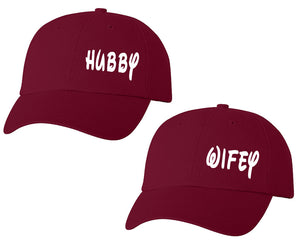 Hubby and Wifey matching caps for couples, Maroon baseball caps.