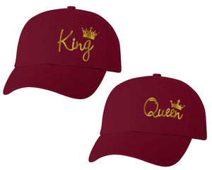 King and Queen matching caps for couples, Maroon baseball caps.Gold Foil color Vinyl Design