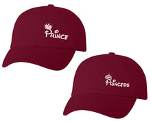 Load image into Gallery viewer, Prince and Princess matching caps for couples, Maroon baseball caps.White color Vinyl Design
