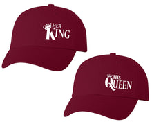 Load image into Gallery viewer, Her King and His Queen matching caps for couples, Maroon baseball caps.
