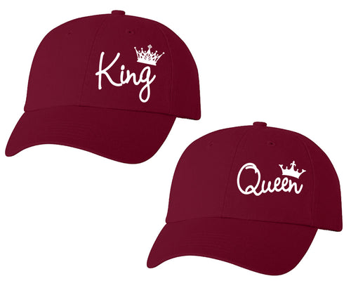 King and Queen matching caps for couples, Maroon baseball caps.White color Vinyl Design