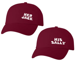 Her Jack and His Sally matching caps for couples, Maroon baseball caps.