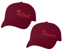 Load image into Gallery viewer, Prince and Princess matching caps for couples, Maroon baseball caps.Red Glitter color Vinyl Design
