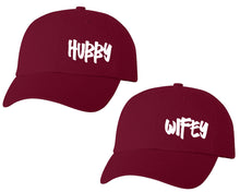 Load image into Gallery viewer, Hubby and Wifey matching caps for couples, Maroon baseball caps.
