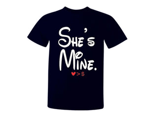 Navy Blue color She's Mine design T Shirt for Man.