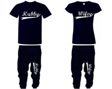 Load image into Gallery viewer, Hubby Wifey shirts, matching top and bottom set, Navy Blue t shirts, men joggers, shirt and jogger pants women. Matching couple joggers
