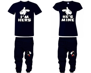 I'm Hers He's Mine shirts, matching top and bottom set, Navy Blue t shirts, men joggers, shirt and jogger pants women. Matching couple joggers