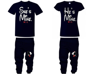 She's Mine He's Mine shirts, matching top and bottom set, Navy Blue t shirts, men joggers, shirt and jogger pants women. Matching couple joggers