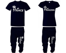 將圖片載入圖庫檢視器 Prince Princess shirts, matching top and bottom set, Navy Blue t shirts, men joggers, shirt and jogger pants women. Matching couple joggers
