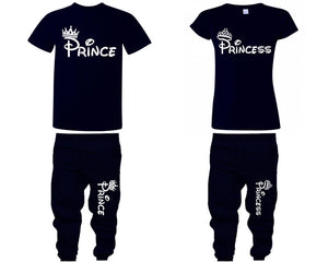 Prince Princess shirts, matching top and bottom set, Navy Blue t shirts, men joggers, shirt and jogger pants women. Matching couple joggers