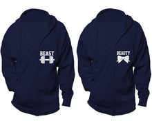 Cargar imagen en el visor de la galería, Beast and Beauty zipper hoodies, Matching couple hoodies, Navy Blue zip up hoodie for man, Navy Blue zip up hoodie womens
