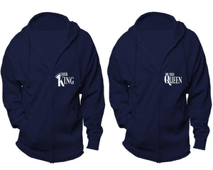 Her King and His Queen zipper hoodies, Matching couple hoodies, Navy Blue zip up hoodie for man, Navy Blue zip up hoodie womens