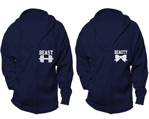 Beast and Beauty zipper hoodies, Matching couple hoodies, Navy Blue zip up hoodie for man, Navy Blue zip up hoodie womens