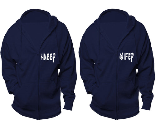 Hubby and Wifey zipper hoodies, Matching couple hoodies, Navy Blue zip up hoodie for man, Navy Blue zip up hoodie womens