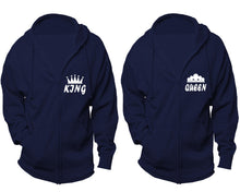 Cargar imagen en el visor de la galería, King and Queen zipper hoodies, Matching couple hoodies, Navy Blue zip up hoodie for man, Navy Blue zip up hoodie womens
