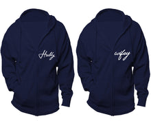 Cargar imagen en el visor de la galería, Hubby and Wifey zipper hoodies, Matching couple hoodies, Navy Blue zip up hoodie for man, Navy Blue zip up hoodie womens
