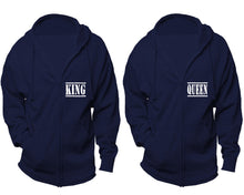 Cargar imagen en el visor de la galería, King and Queen zipper hoodies, Matching couple hoodies, Navy Blue zip up hoodie for man, Navy Blue zip up hoodie womens

