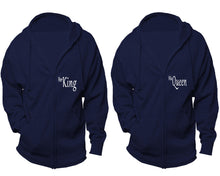 Cargar imagen en el visor de la galería, Her King and His Queen zipper hoodies, Matching couple hoodies, Navy Blue zip up hoodie for man, Navy Blue zip up hoodie womens
